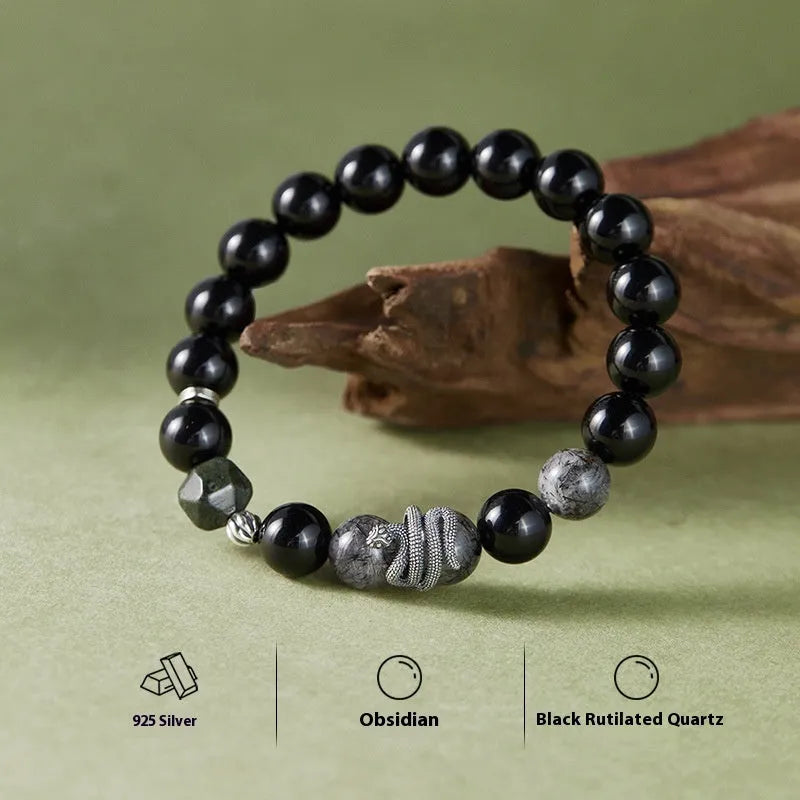 Men's black obsidian snake zodiac bracelet in S925 sterling silver with retro styling and 10mm width