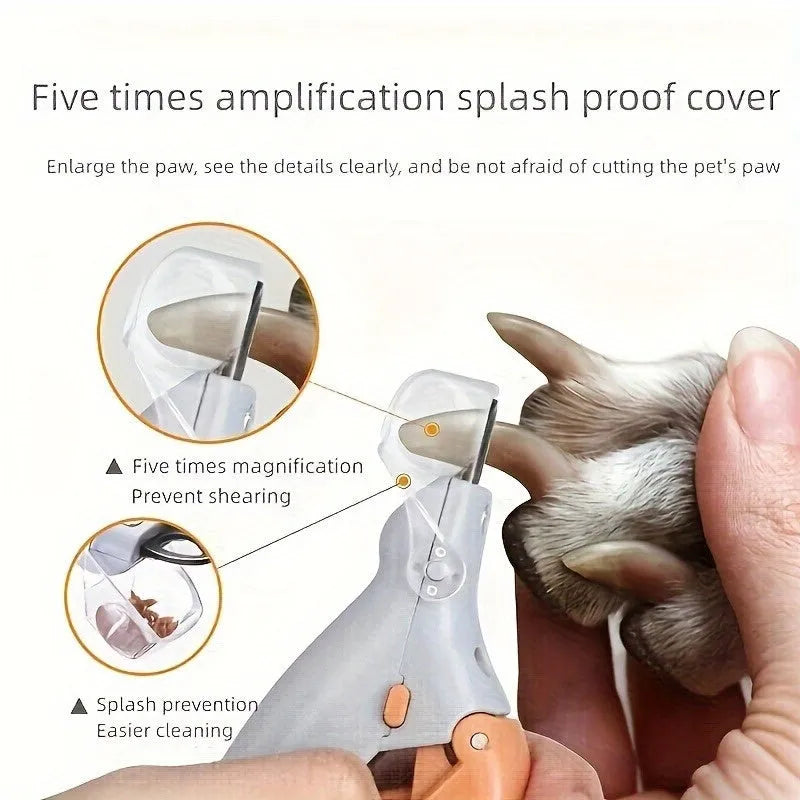 Yellow LED pet nail trimmer with magnifying glass, lights, and steel blades for cats and dogs