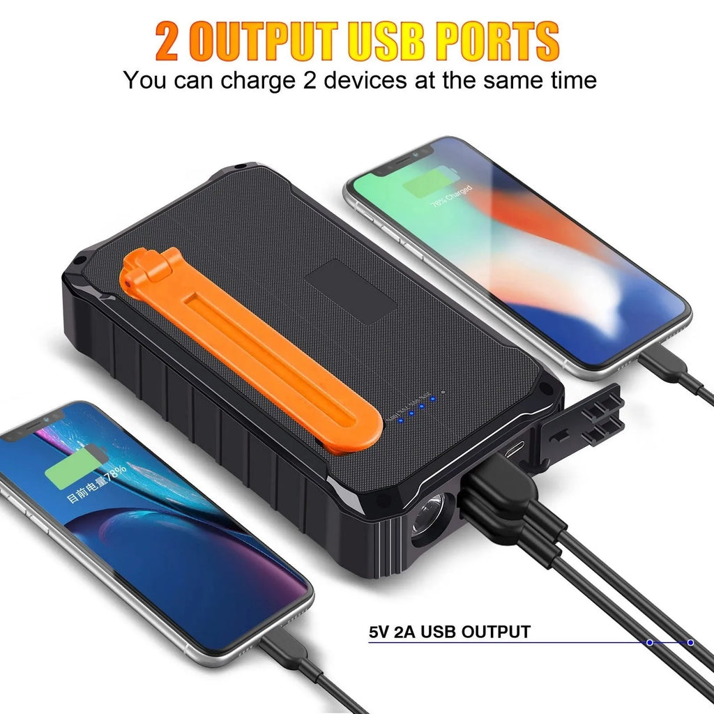 Green and orange hand solar power bank with solar panel, hand crank, and dual USB ports.