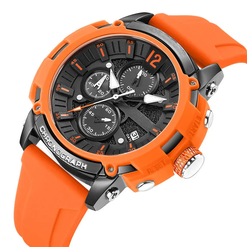 Men's black luminous calendar watch with a 51mm case on a wrist.