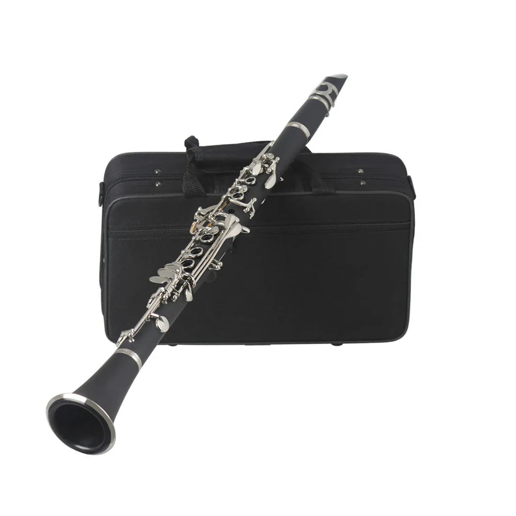 Black Bakelite beginner clarinet with 17 nickel-plated keys and a carry bag.