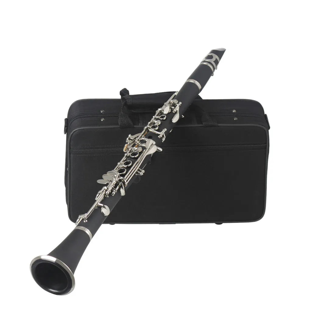 Black Bakelite beginner clarinet with 17 nickel-plated keys and a carry bag.