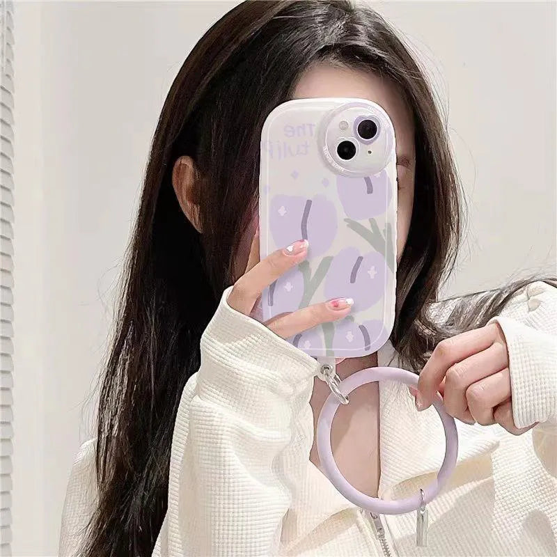 Purple tulip transparent TPU phone case with matching wrist strap for Apple iPhone