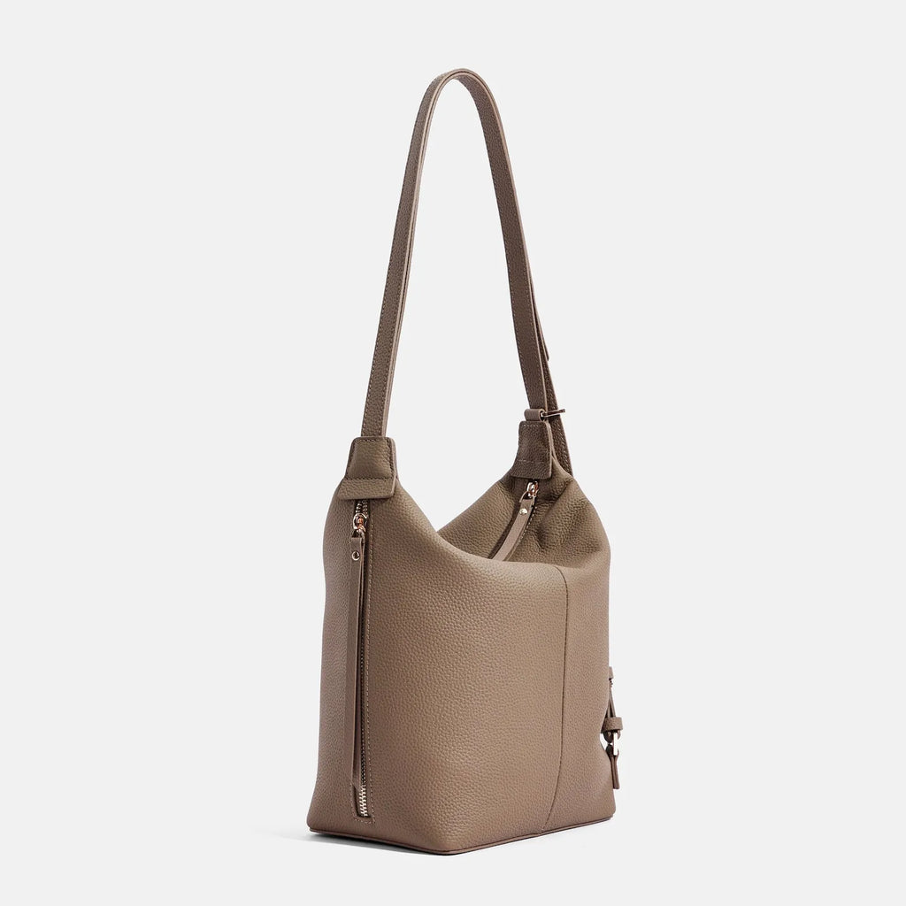 Genuine cowhide leather women's bucket bag in elephant grey colour with large capacity design