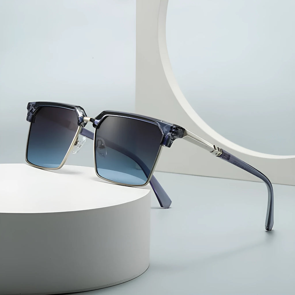 Men's square sunglasses with angular box frame in black silver and grey colour variant.