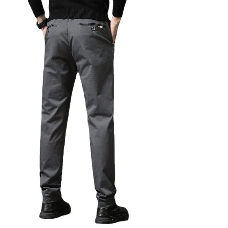 Combed cotton light business casual trousers for men, mid waist, medium elastic, available in black, dark gray, khaki, grass gray, sizes 28 to 36