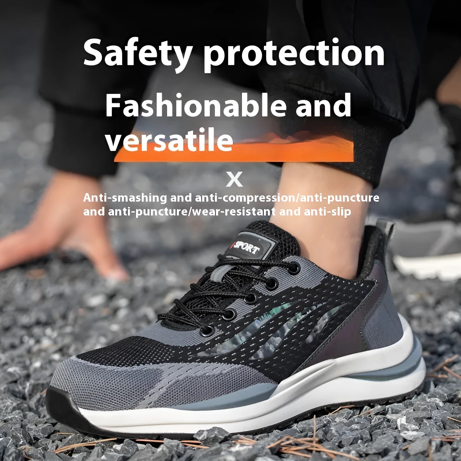 Men's black grey electrician safety shoes with low-top design and lace-up closure