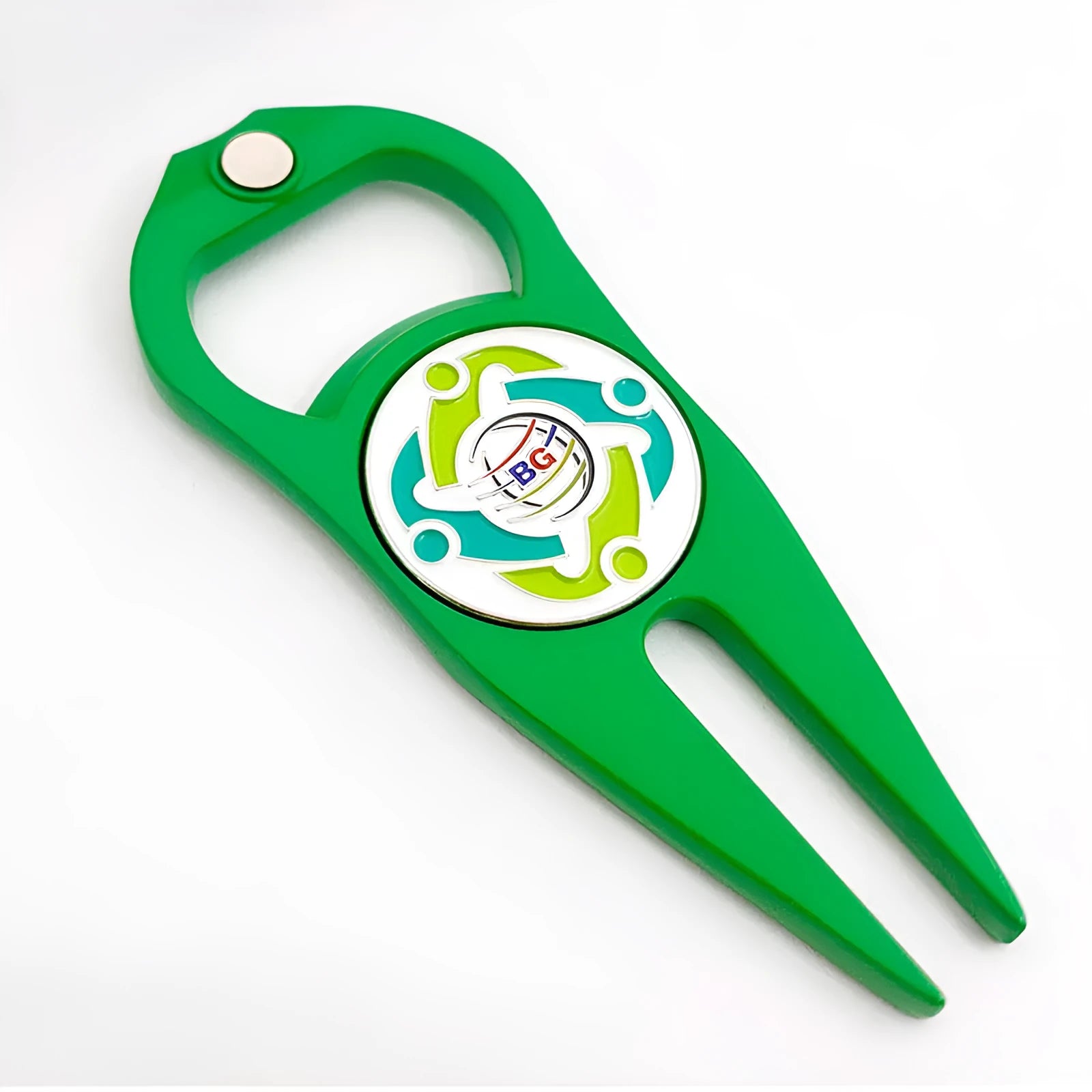 Zinc alloy golf multi-tool with ball yoke, bottle opener, and fork end on a green background.
