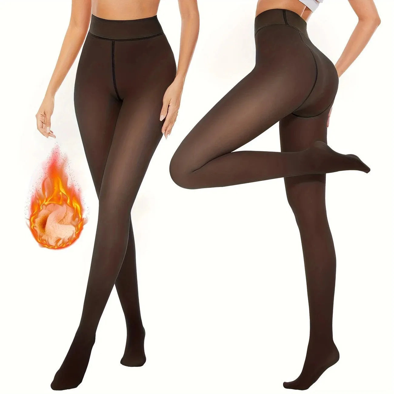 Women's anti-snagging thermal leggings in black and coffee colours showing wool lining and footed style.