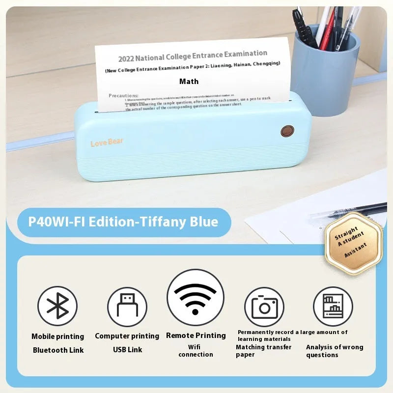Ailixiong P40 mini portable thermal printer showing compact design and thermal paper mechanism