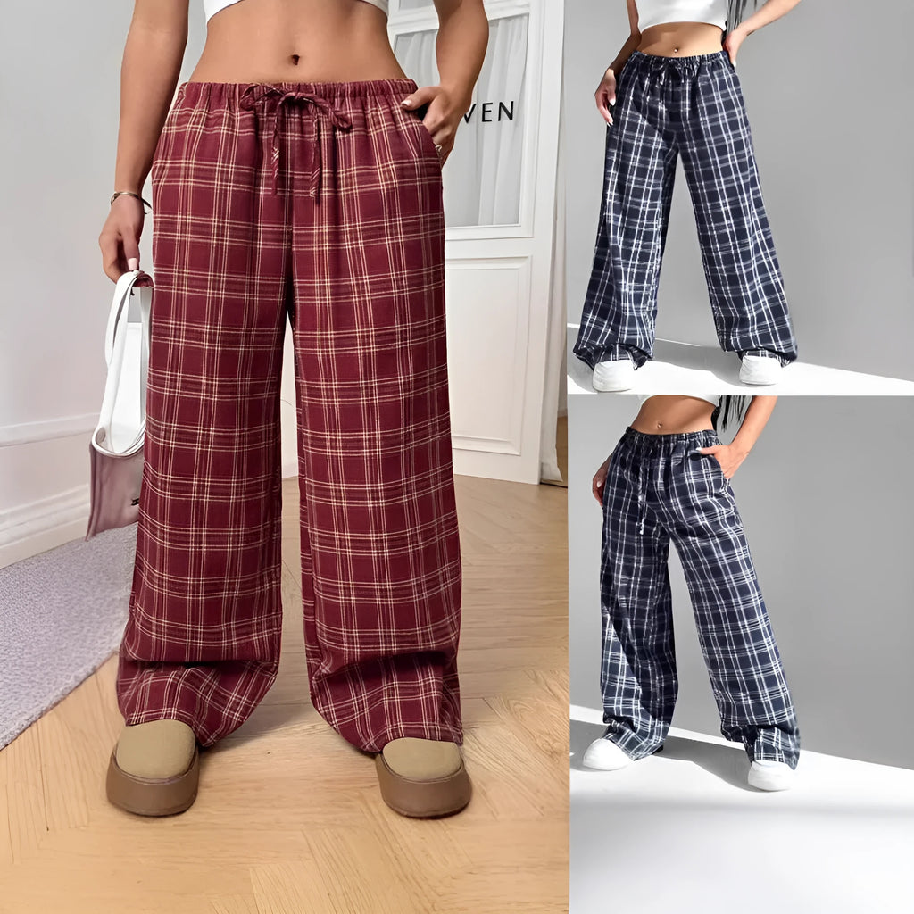 Women's red and blue plaid casual trousers with a drawstring waist and side pockets.