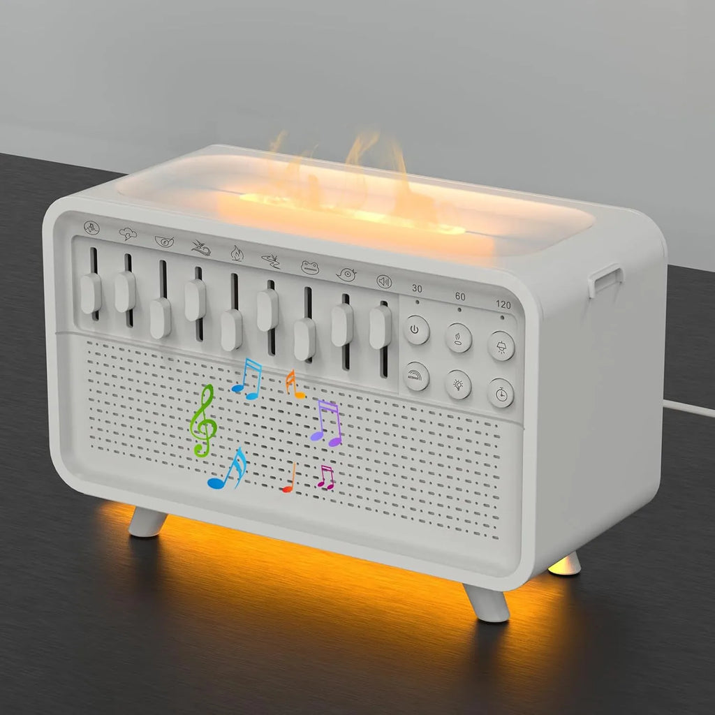 White geometric 3-in-1 Bluetooth speaker, white noise machine, humidifier, and night light unit