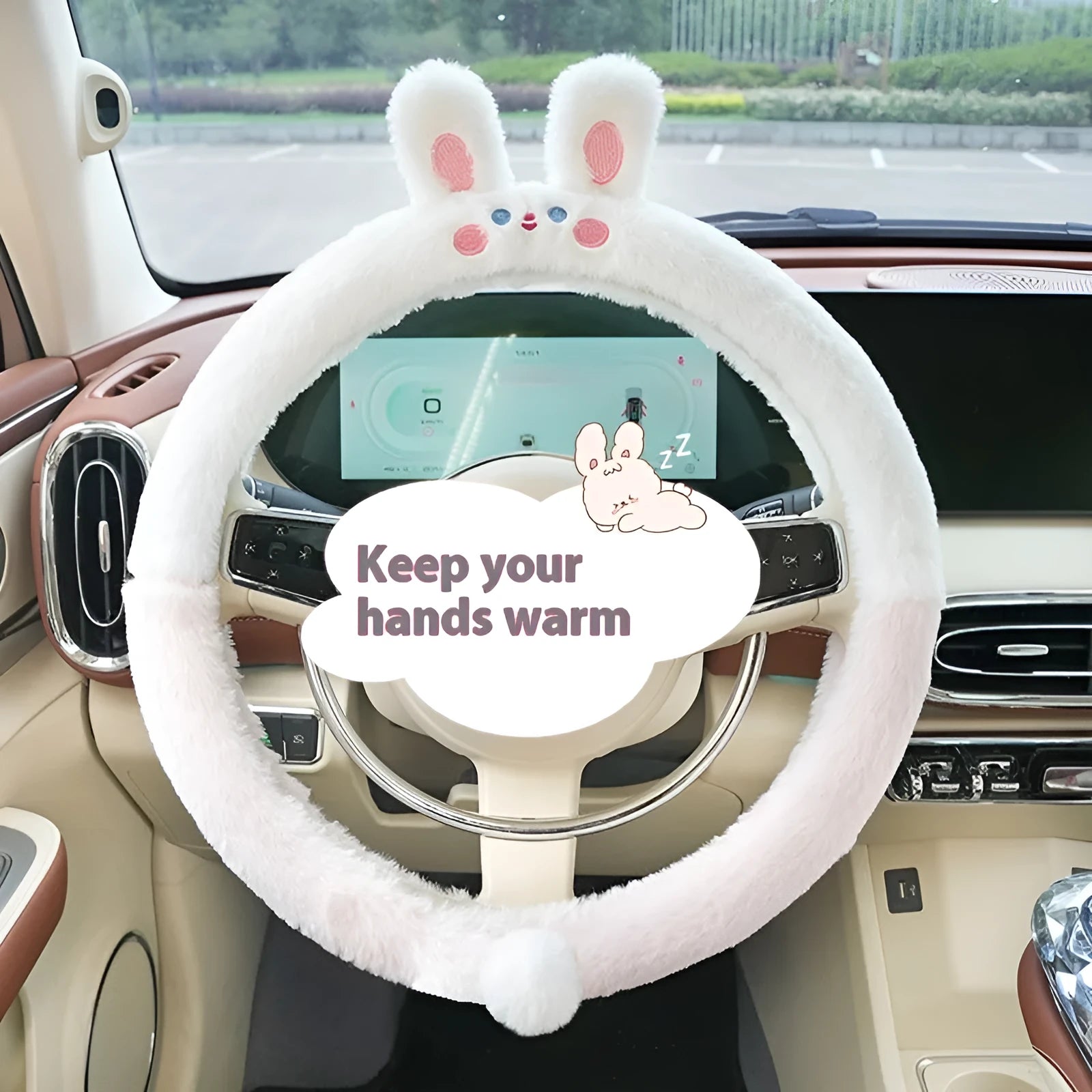 Plush rabbit fur style steering wheel cover with embroidered panda design, fitted on a car wheel