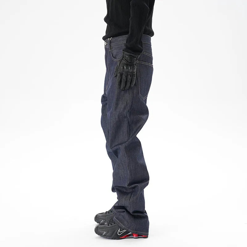 Dark blue loose straight-leg casual jeans on a neutral background.