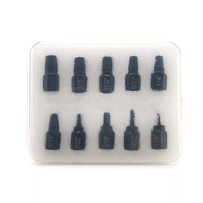 10-piece metal screw extractor set for broken head screws and stud removal without plastic box