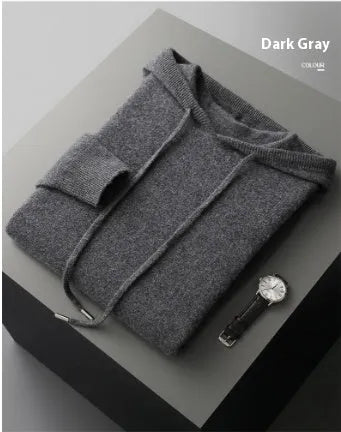Men's light grey cashmere hooded sweatshirt and trouser set laid flat