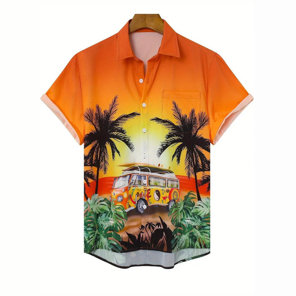 Men's short sleeve shirt with 3D printed floral pattern in loose cardigan style