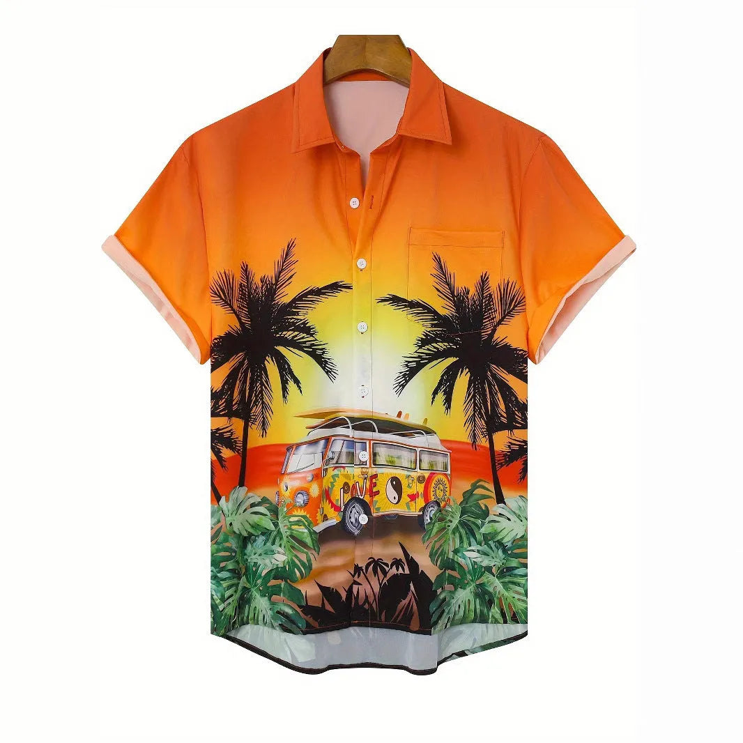 Men's short sleeve shirt with 3D printed floral pattern in loose cardigan style