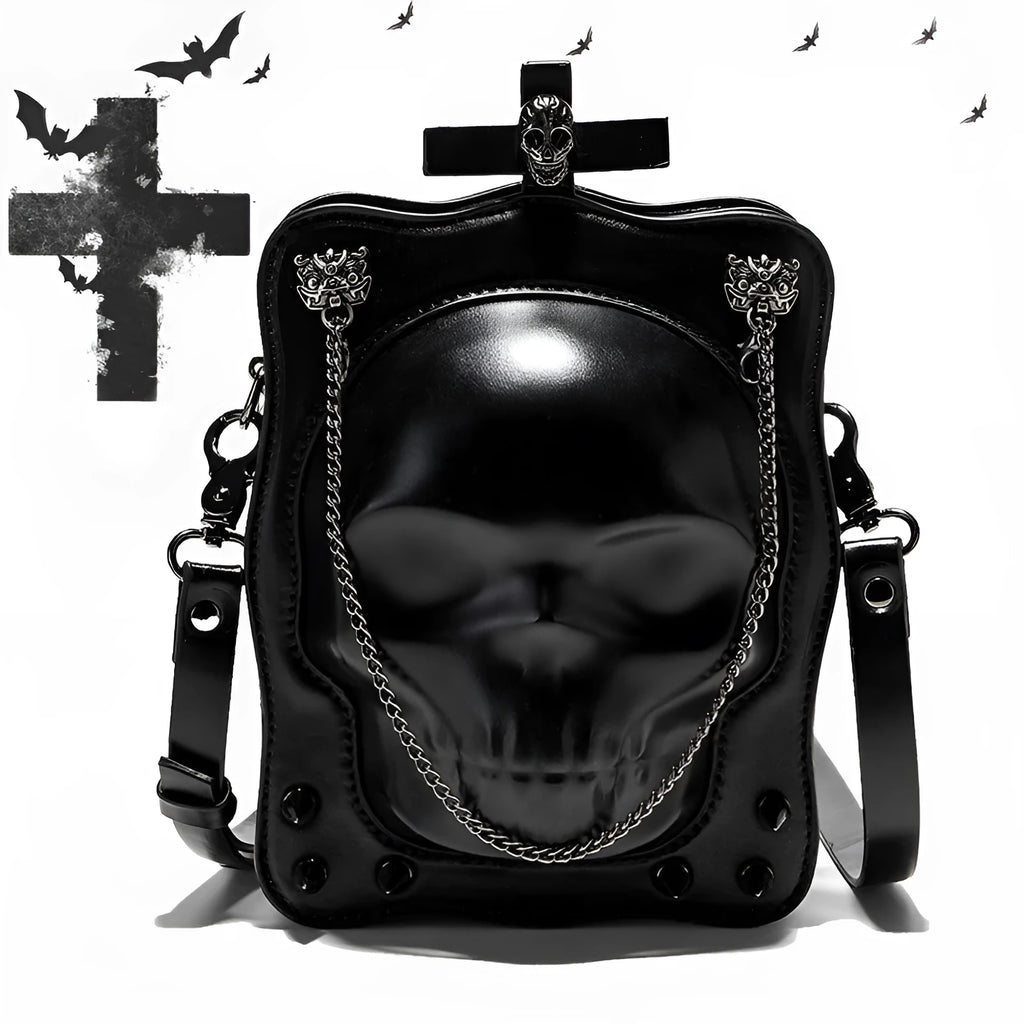 Black mini Halloween skull shoulder bag with zip closure, chain detail and phone pocket