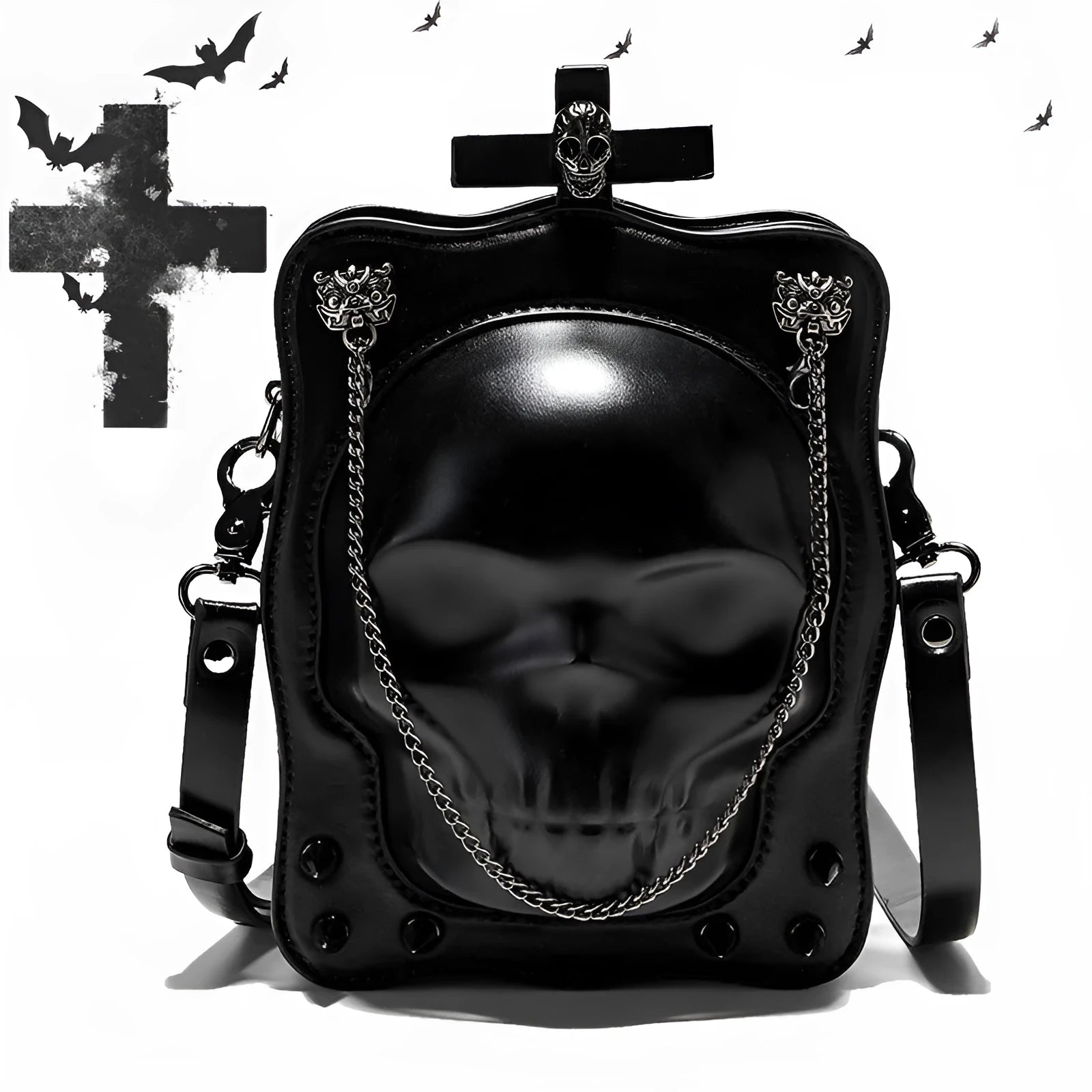 Black mini Halloween skull shoulder bag with zip closure, chain detail and phone pocket