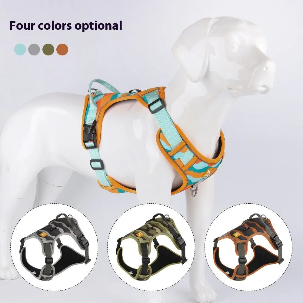 Reflective dog harness and lead in oxford cloth, showing chest and back attachment points and hand-holding rope.