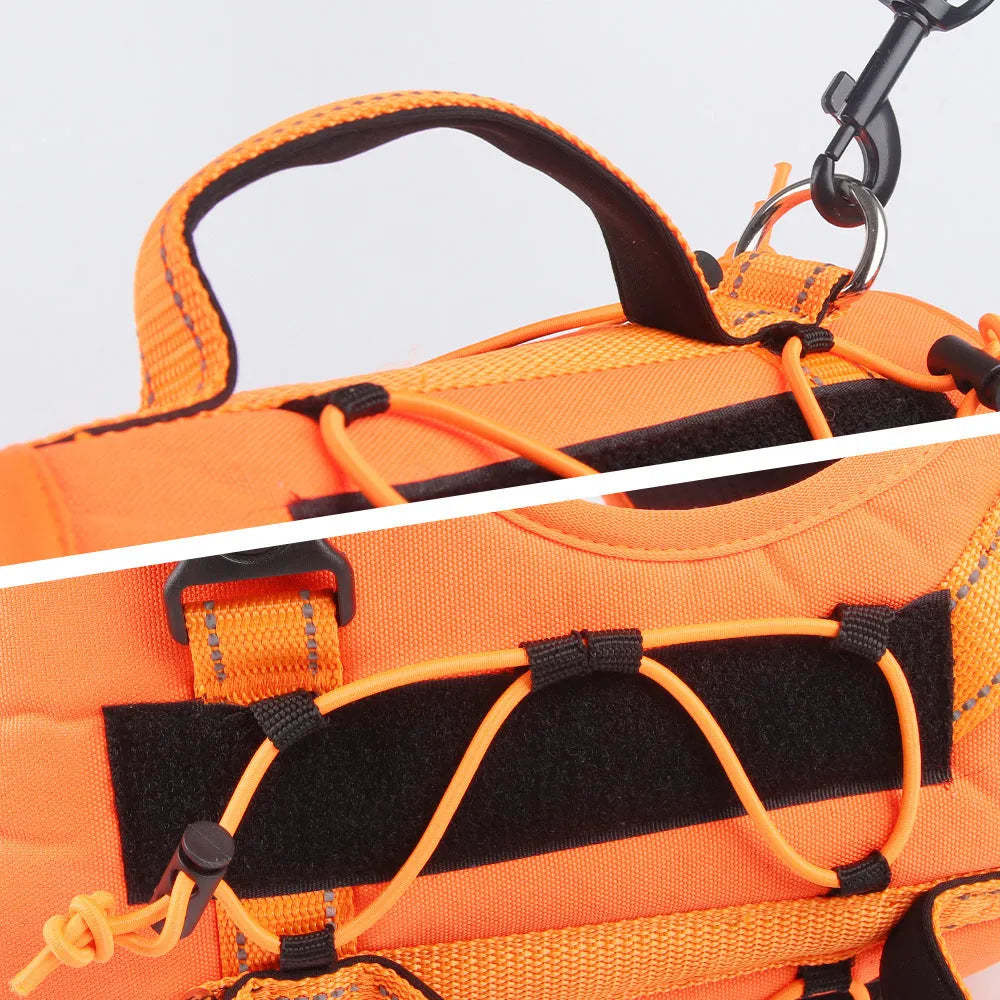 Orange reflective dog harness vest with explosion-proof hand-holding rope on a model dog
