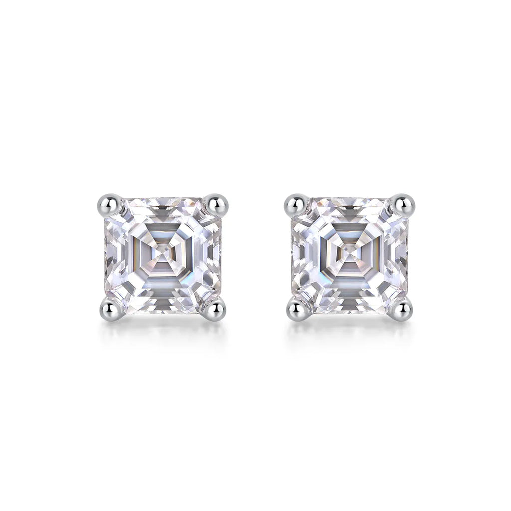 Pair of square cut moissanite stud earrings in S925 silver with platinum plating, gold colour finish, in gift box with GRA certificate
