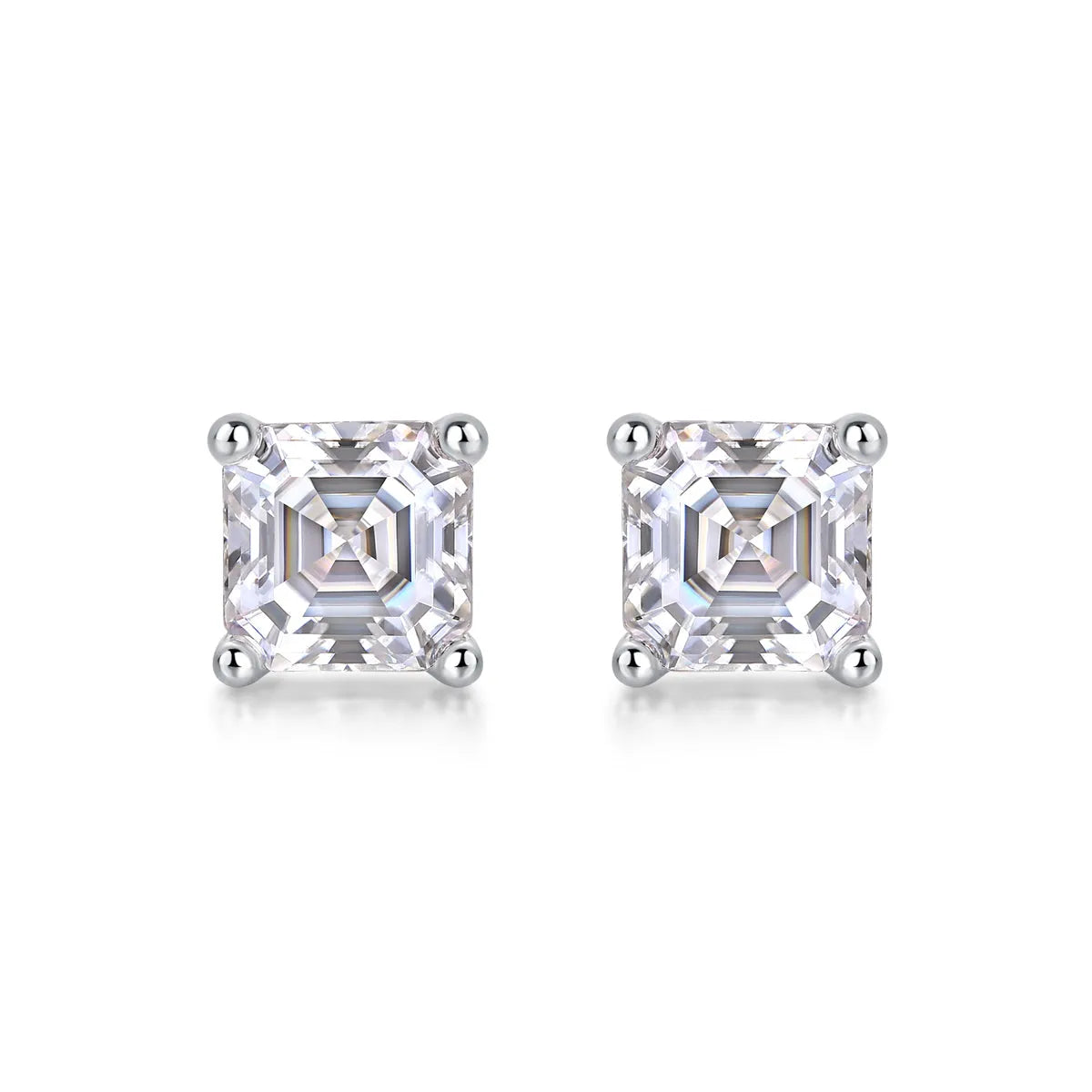 Pair of square cut moissanite stud earrings in S925 silver with platinum plating, gold colour finish, in gift box with GRA certificate