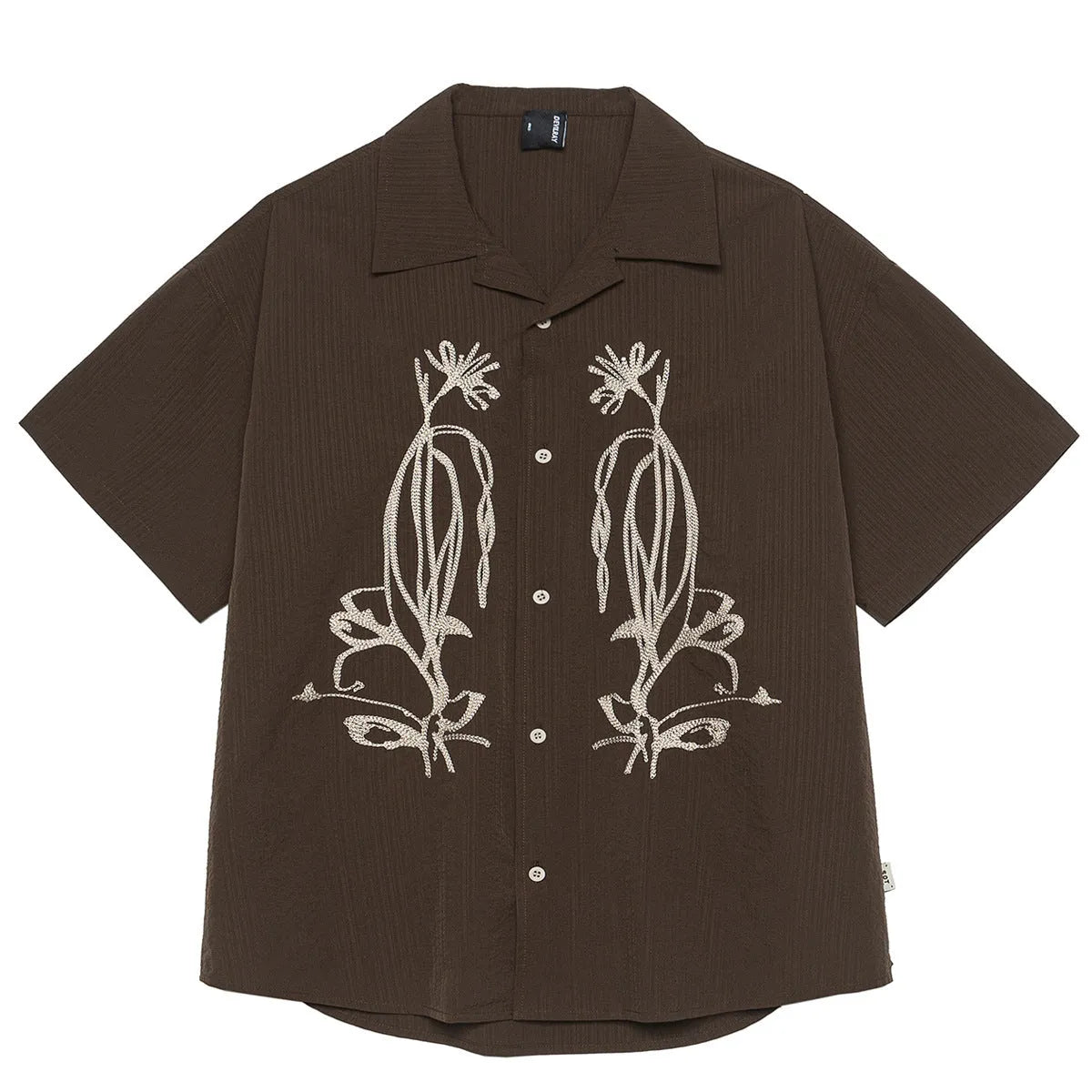 Brown striped men's short sleeve shirt with a Cuban collar, made from quick-dry polyester for outdoor use.
