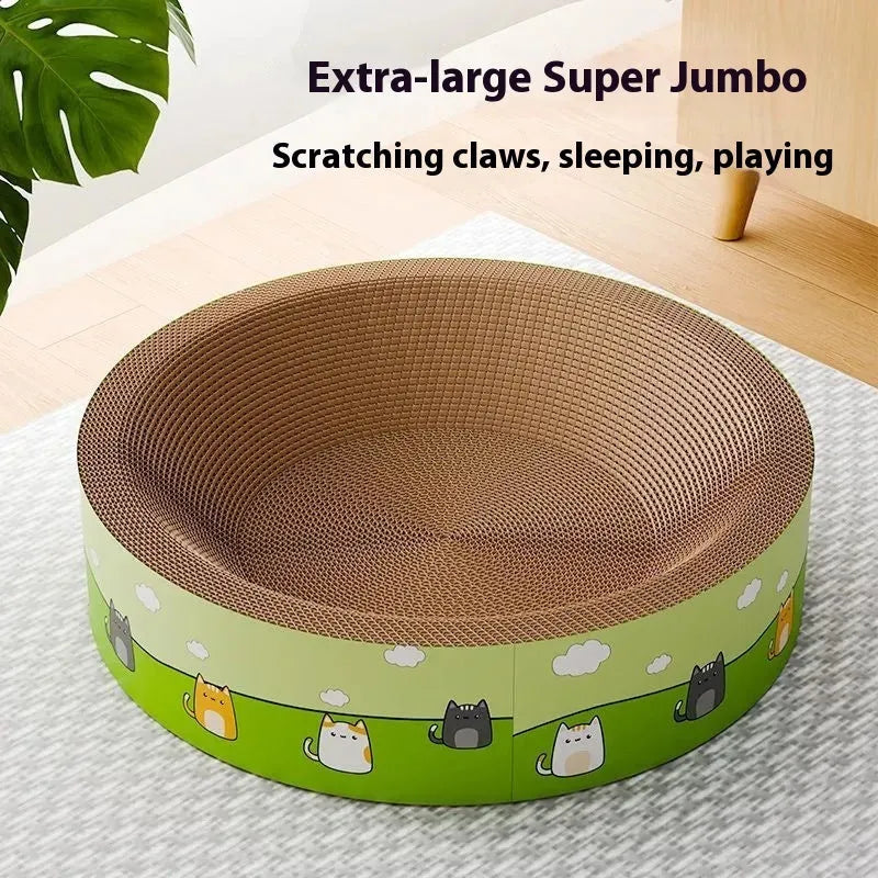 Large round deep pit corrugated paper cat scratch board measuring 50cm in diameter on a wooden floor.
