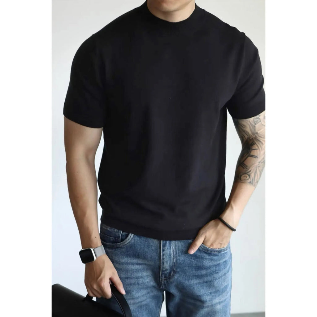Men's slim-fit solid colour T-shirt on a hanger, shown in a wine red colour.