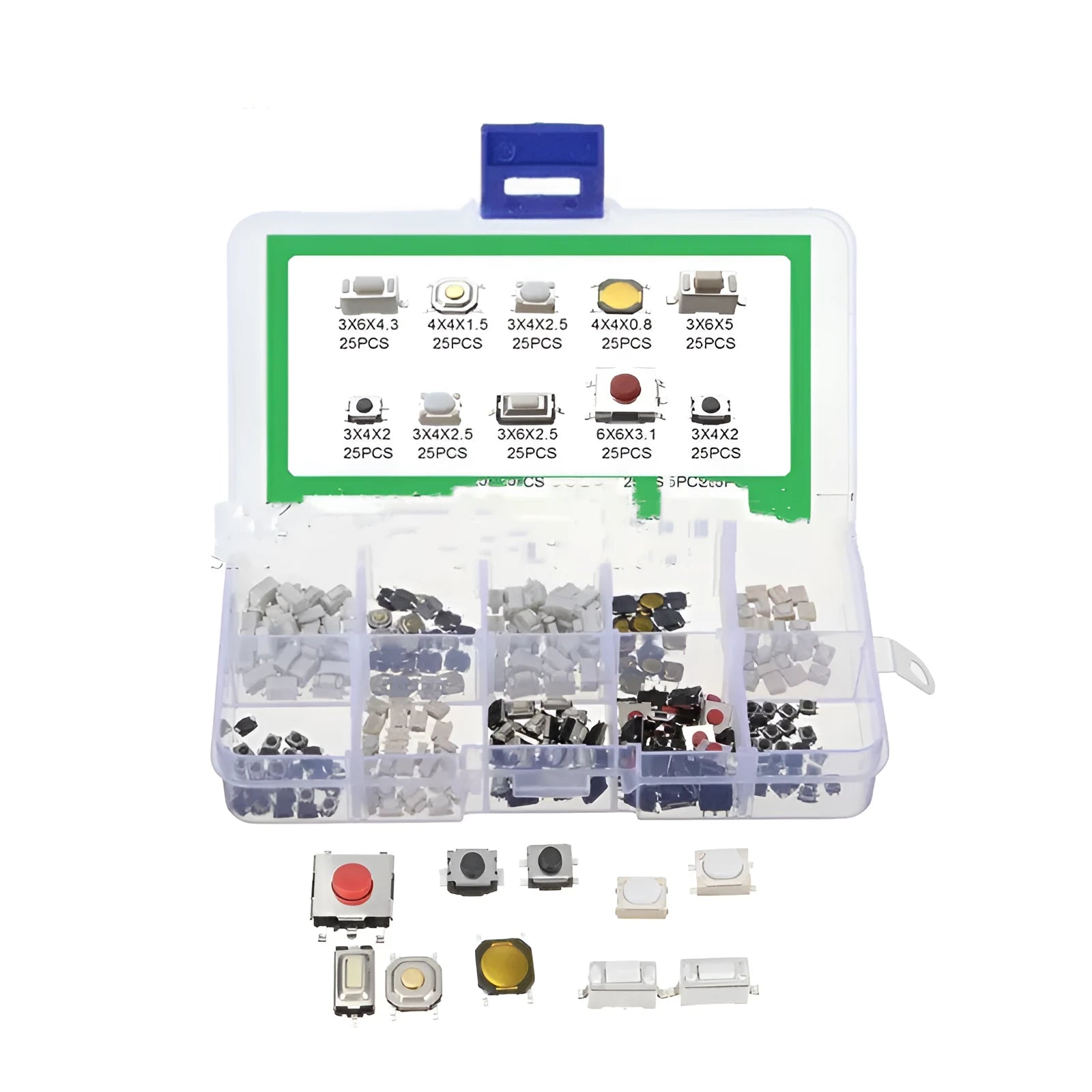 250 piece set of SMT surface mount car patch button touch switches in box packaging