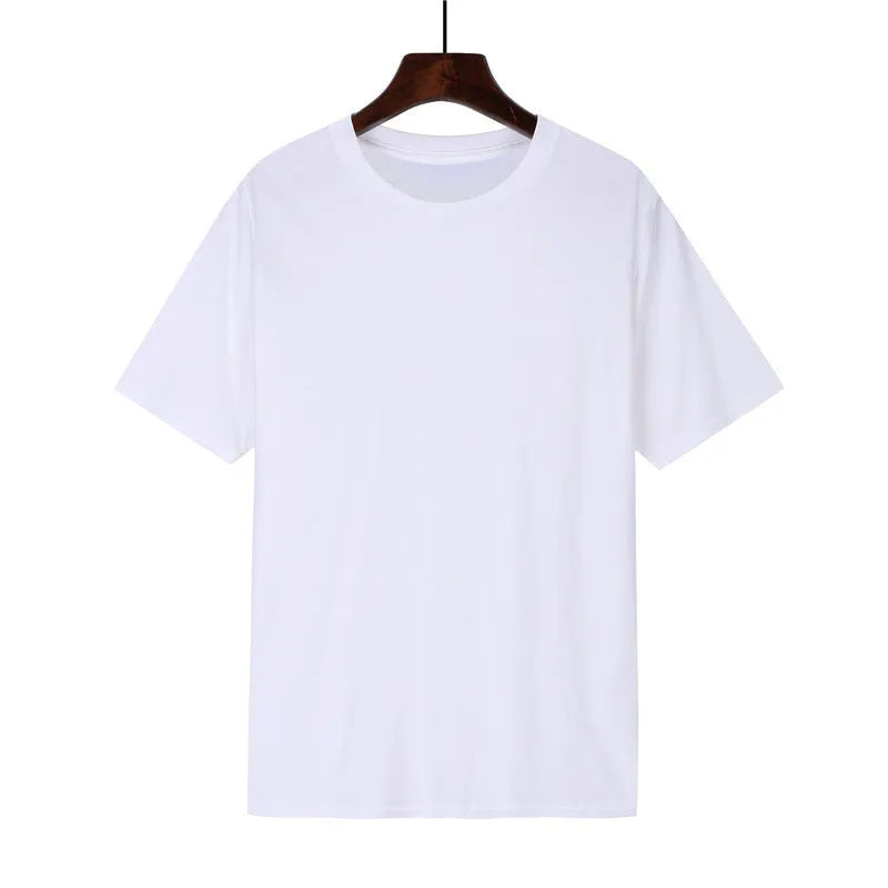Men's loose fit short sleeve cotton T-shirt shown in multiple colour options on a size chart background.