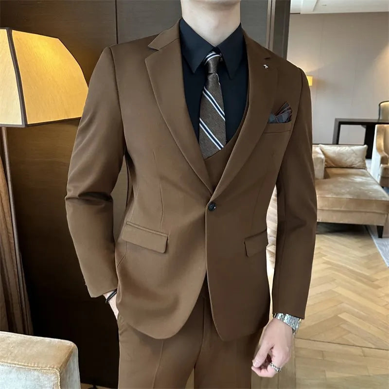 Men's slim-fit dark green business blazer on a hanger