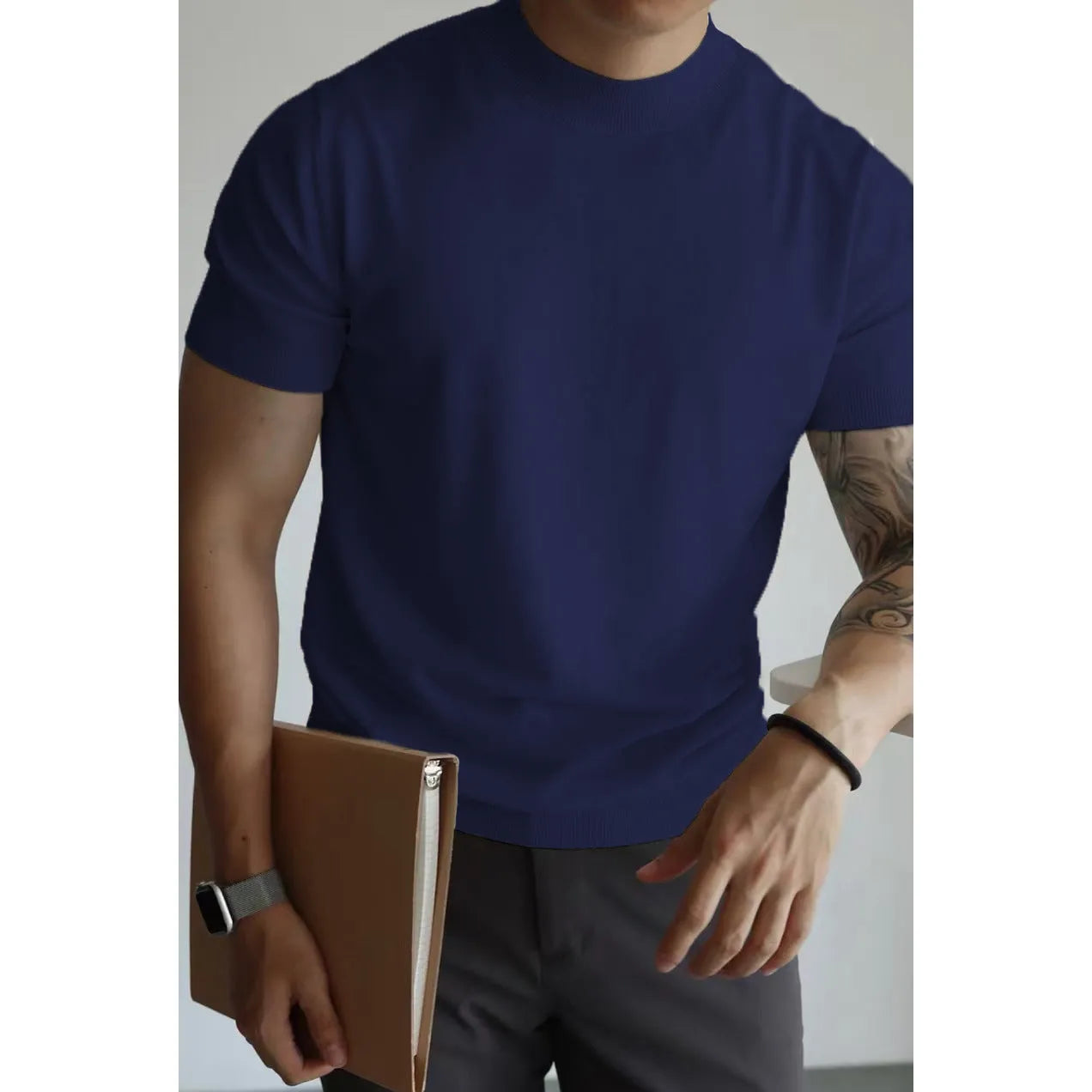 Men's slim-fit solid colour T-shirt on a hanger, shown in a wine red colour.
