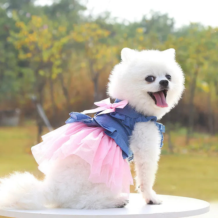 Korean-style denim pet skirt with a bow, shown in pink and white.