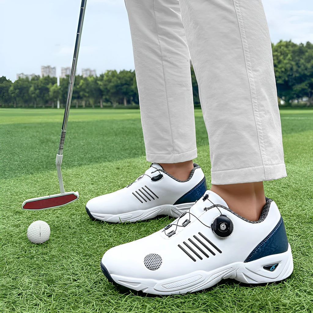 Men's low top rotating shoelace trainers in white, grey or black with mesh inner and rubber sole, sizes 40-46
