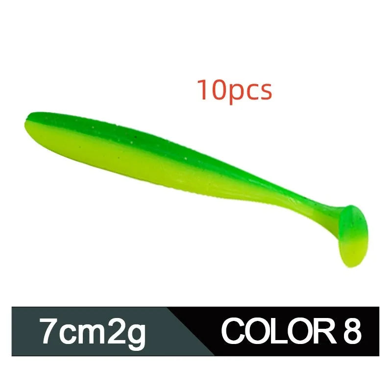 Two-tone soft plastic T-tail fishing lure measuring 7cm, shown in multiple colour variations.