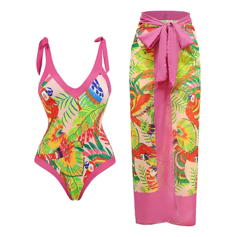 Retro floral print one-piece swimsuit with V-neck, covered belly, and attached thin skirt in pink