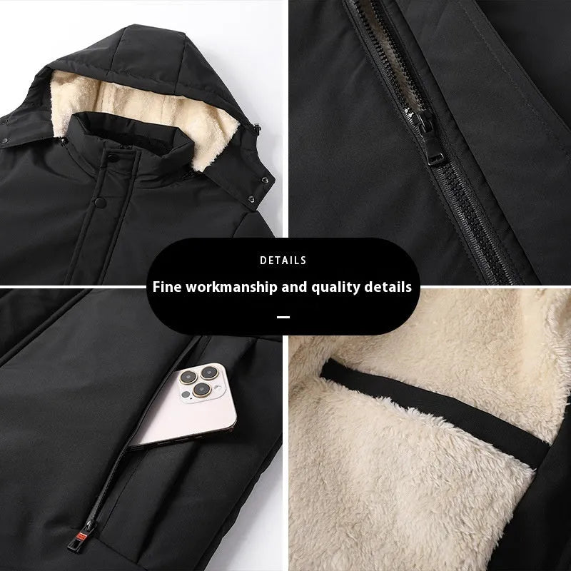 Men's thickened cotton-padded cardigan jacket, zip pockets, sizes L-8XL, black grey dark grey