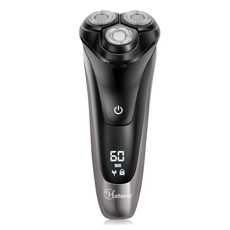 Men's electric shaver with three floating heads and pop-up sideburn trimmer on black background