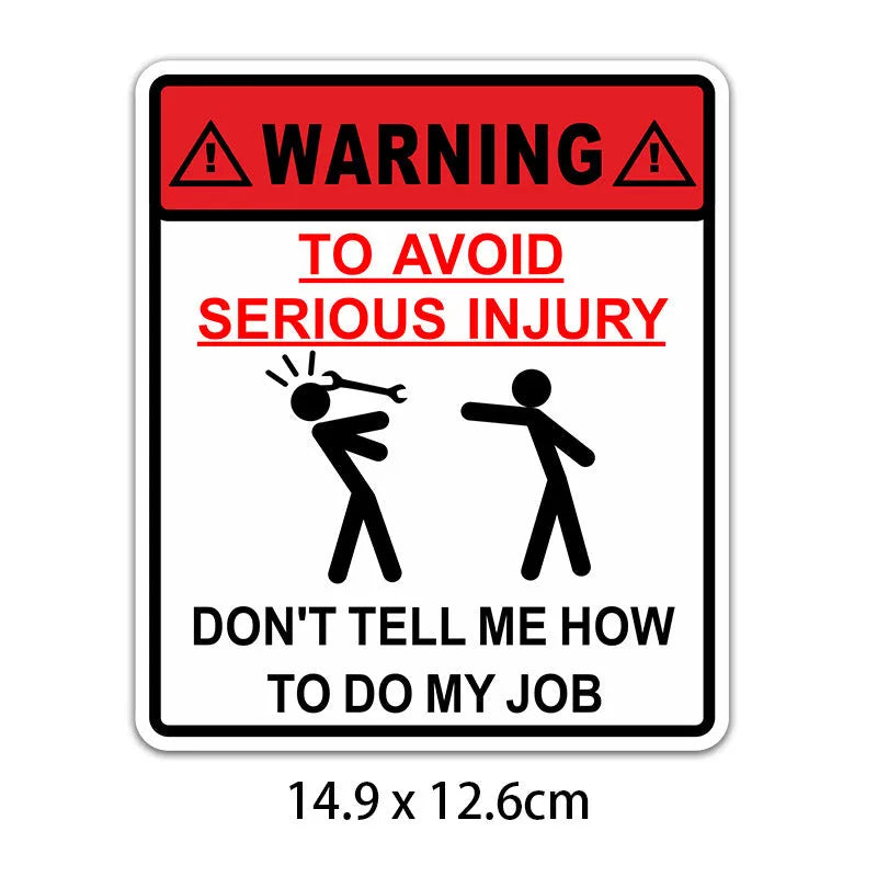 White rectangular adhesive safety sticker with black text reading warning to avoid serious injury, sized 14.9 by 12.6 centimetres.