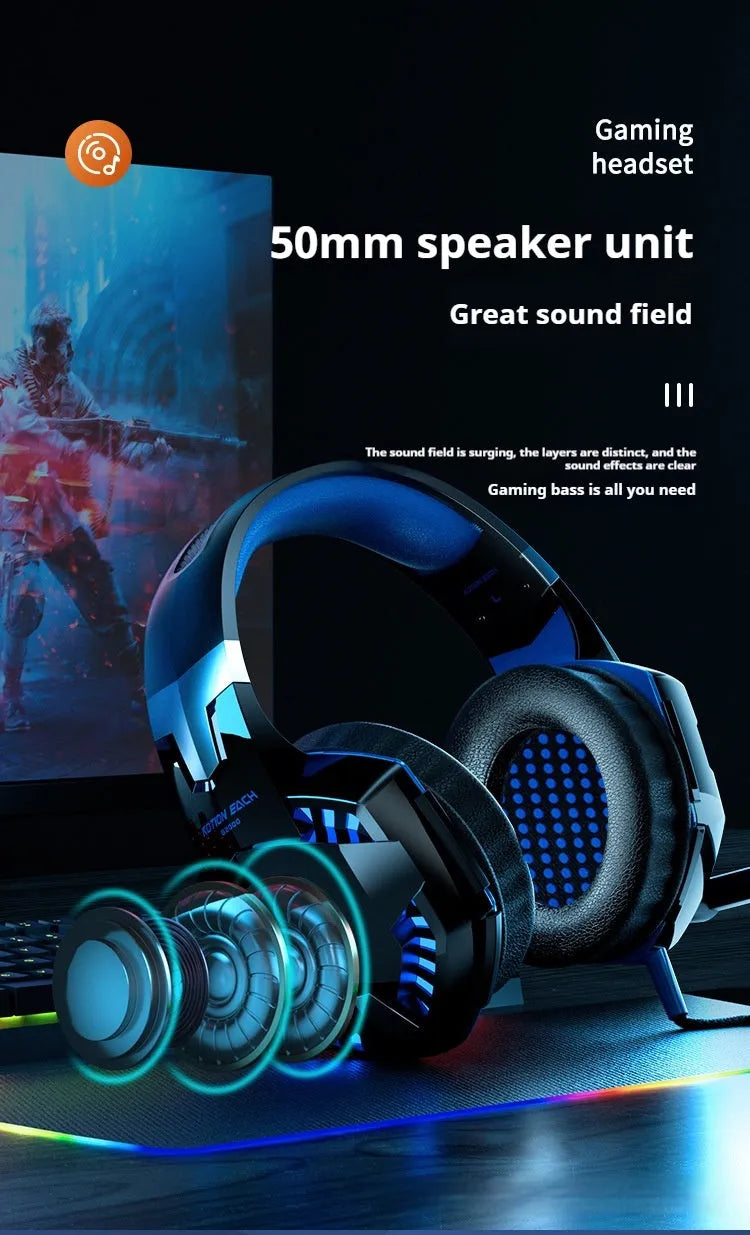 Wired computer headset with protein skin ear cushions and microphone on a desk