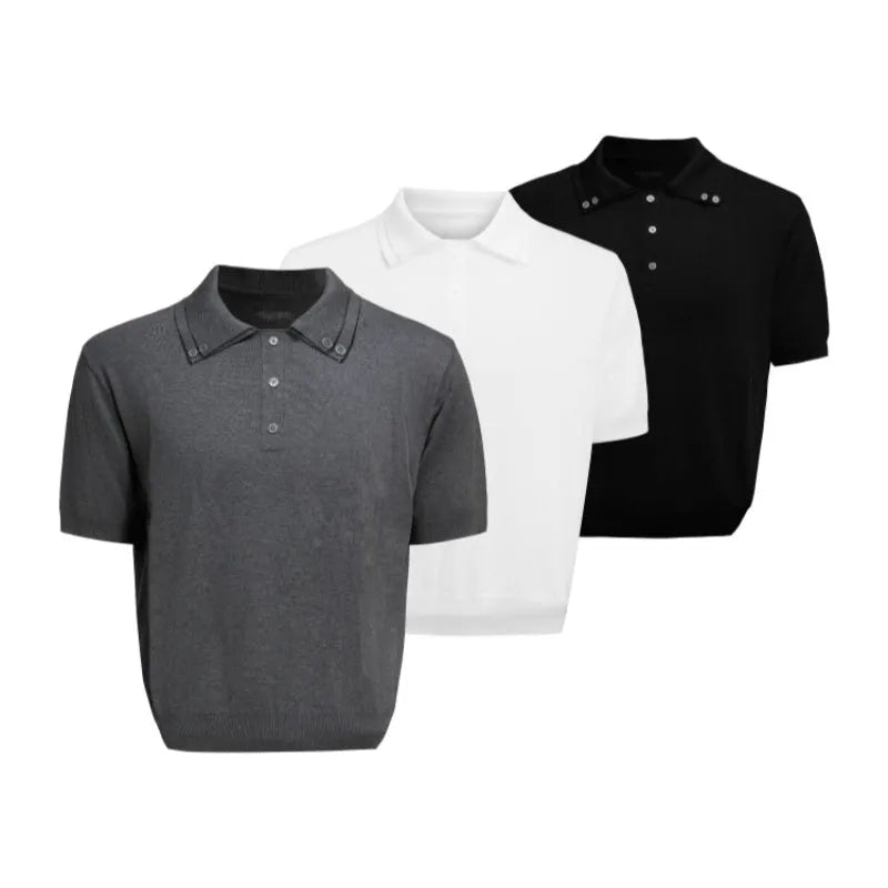 Black loose fit men's short sleeve shirt with a lapel collar and fastener decoration.