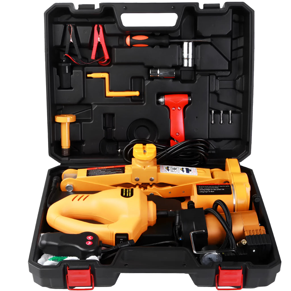 Yellow steel 12V electric car jack and wrench set for emergency tyre changes