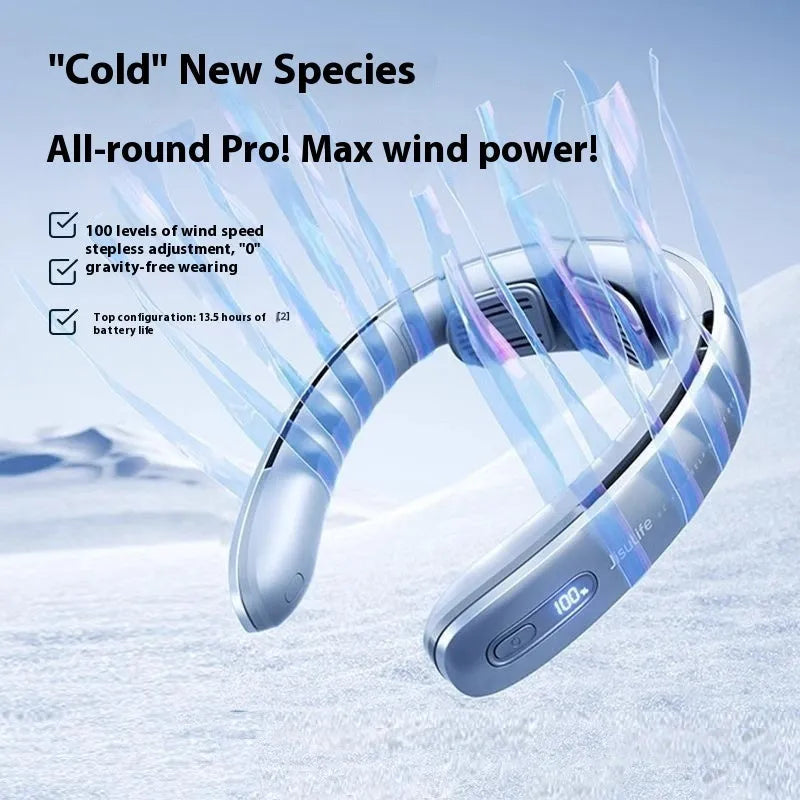 Silver grey portable USB neck fan with 5000mAh battery showing slim 50mm bladeless design