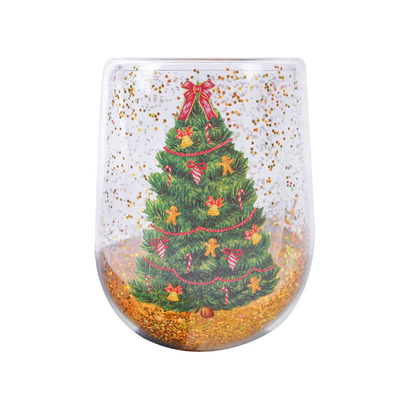 Double-layer Christmas tree glass tumbler with flowing sequins, borosilicate glass, 380ML capacity and 8.6cm x 11.8cm size