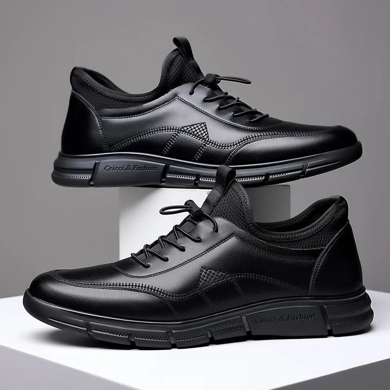 Black men's casual leather shoes with round toe, square heel, and leather stitching detail.