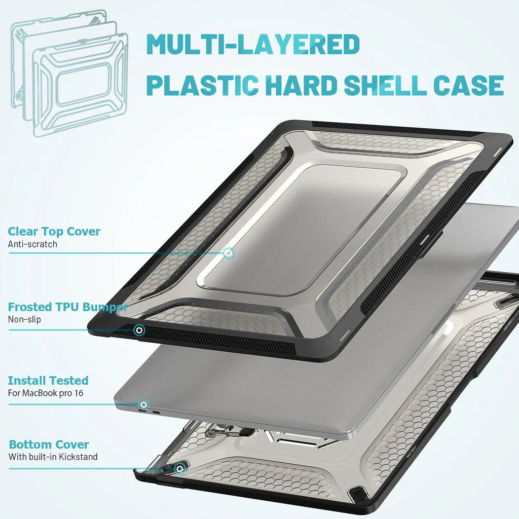 MacBook protective shell case shown in cool black, starry sky grey, elegant apricot, and sapphire blue colours.