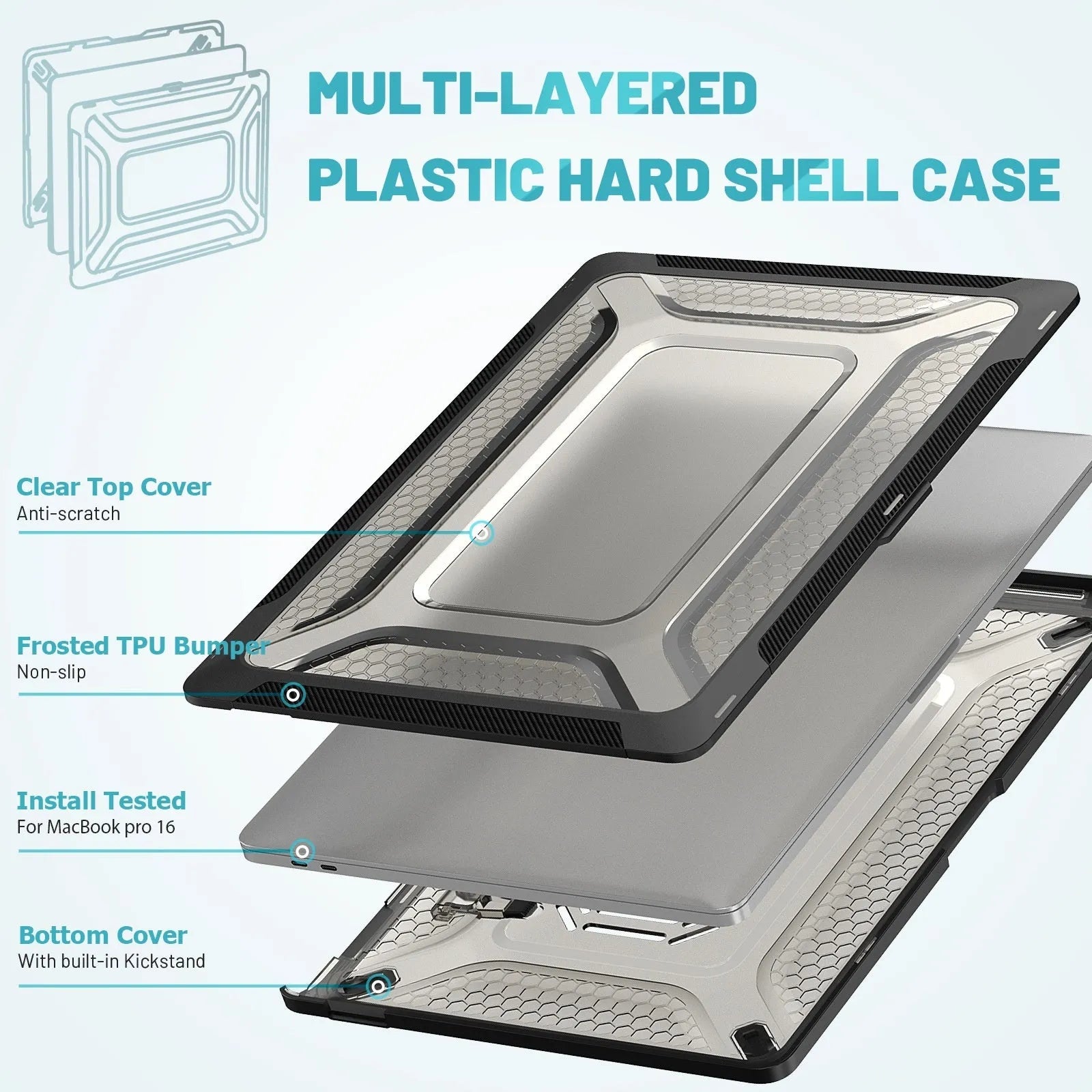 MacBook protective shell case shown in cool black, starry sky grey, elegant apricot, and sapphire blue colours.